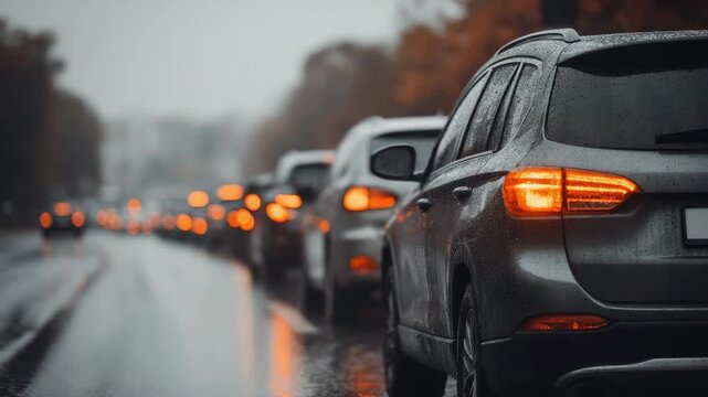 Cars with glowing brake lights in rainy traffic on wet road vehicle