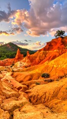 Vivid sunset hues illuminate sculpted clay hills, a lone tree silhouetted against the sky