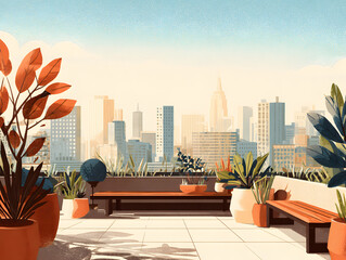 Vector illustration of a serene morning on a rooftop with views of the city and plants in pots