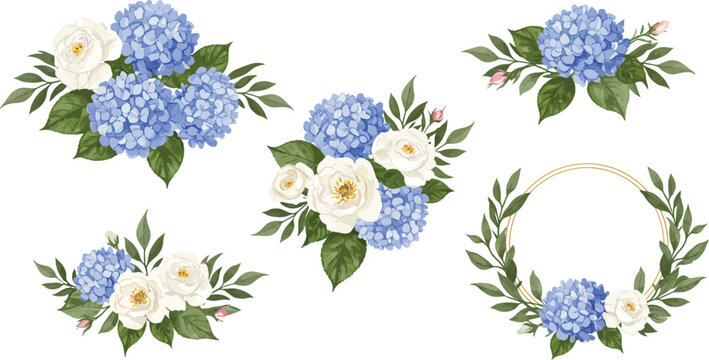 Watercolor hydrangea flower arrangements and wreath designs on transparent background