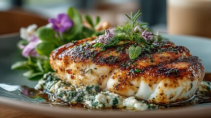 Grilled fish fillet on spinach with herbs and flowers on a plate.