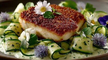 Fish fillet on zucchini spirals with flowers and creamy sauce food presentation.