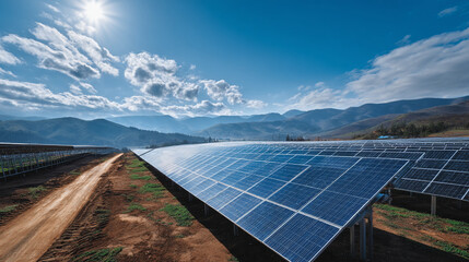 Large solar panel farm under bright sky with mountain view.