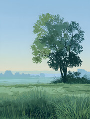 Serene Landscape Illustration A Tranquil Depiction of a Tree Amidst Lush Fields and Soft Hues of Nature's Beauty