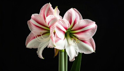 Two vibrant amaryllis flowers against a black background
