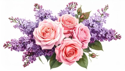 A delicate arrangement of pink roses and purple lilacs