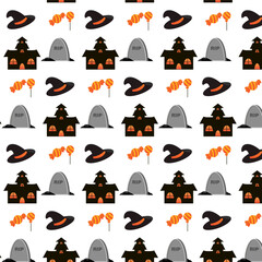 Halloween Seamless Pattern with Haunted House, Witch Hat, Candy, and Tombstone