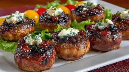 Stuffed mushrooms with cheese and vegetables on a white plate.