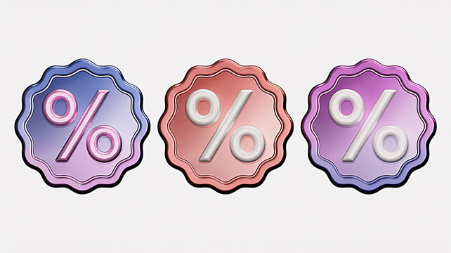 Three vibrant sale badges featuring percentage symbols, perfect for promotions and discount announcements