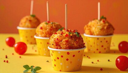 Appetizing, golden-brown, bite-sized treats in yellow cups, on a yellow background