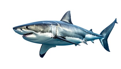 Naklejka premium A great white shark, isolated on white, displays its powerful physique and sharp teeth