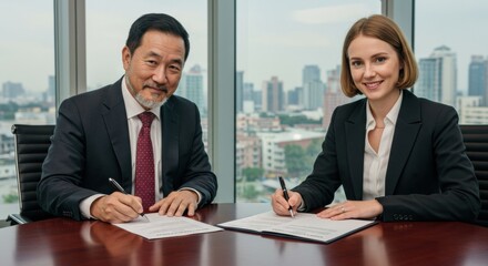 Business partnership signing ceremony office professional meeting urban setting collaboration concept