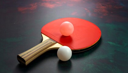 Ping pong paddle and balls on dark surface