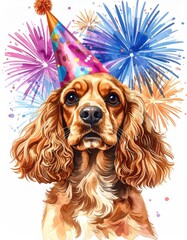 A dog wearing a party hat with fireworks