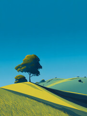 Serene Landscape A Digital Art Illustration of a Verdant Hillside and a Tree Under a Bright Blue Sky