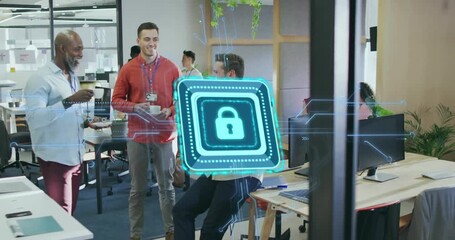 Tray-carrying and mug-holding colleagues entering office pointing at security hologram pulsing - Powered by Adobe