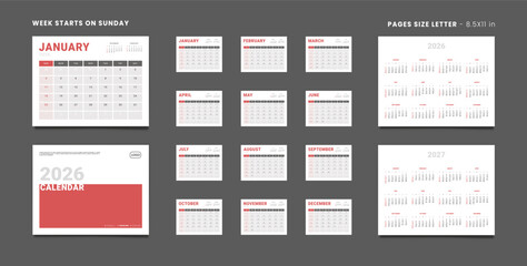 2026 Calendar Planner Set of Template Monthly Page, Cover with Place for Photo, Company Logo, Annual 2026-2027. Vector layout of wall or desk Calendar in print. Week start Sunday. Page Letter 8.5x11in