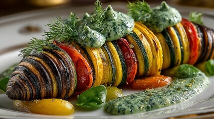 Ratatouille dish with sliced vegetables and green sauce on a plate.