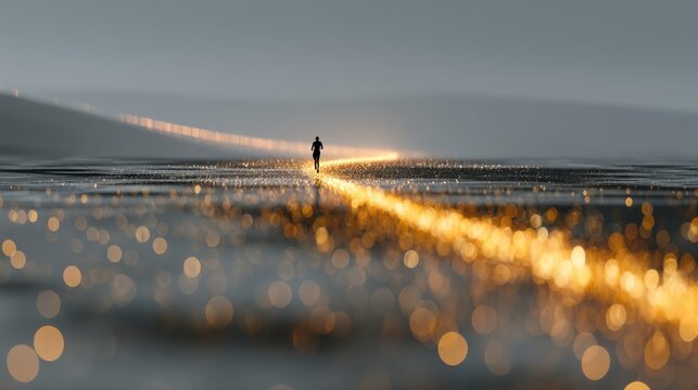A solitary runner moves along a glowing path of golden lights stretching into the distance under a muted sky.