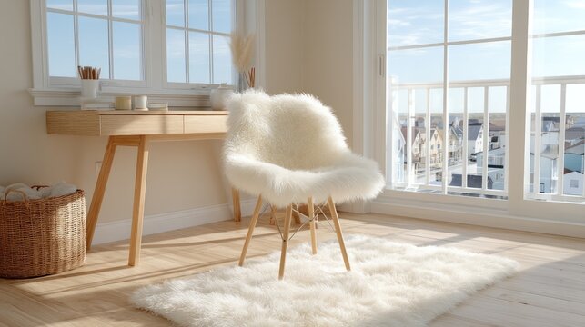 Bright Modern Home Office with Minimal Scandinavian Setup Soft White Rug and Natural Light from Large Windows