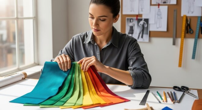 A woman in a gray shirt, working at a desk with a colorful fabric swatch. - Powered by Adobe