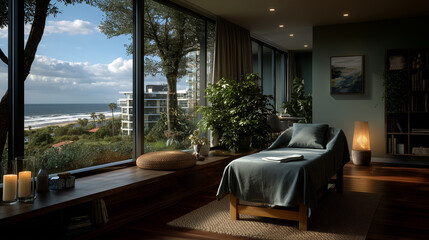 Fototapeta premium Coastal Spa Interior with Floor-to-Ceiling Windows and Lush Greenery 