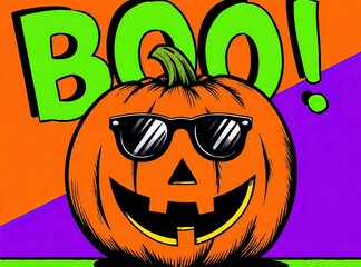 A cool jack-o'-lantern wearing sunglasses grins beneath a giant green &ldquo;BOO!&rdquo; against a vibrant orange and purple background &mdash; playful, retro-style Halloween illustration perfect for festive fun.