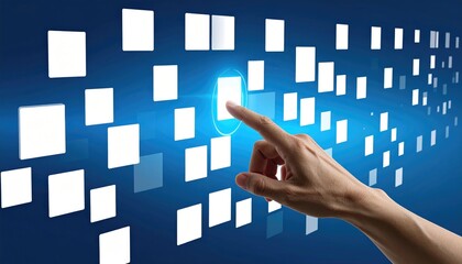 A hand touches a glowing square on a digital interface