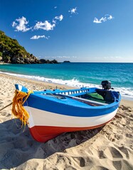 Small boat on sandy beach, azure water, sunny day