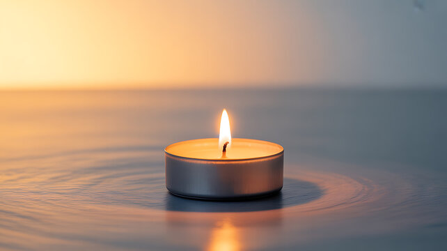 A lit candle floating on calm water, creating gentle ripples and reflecting warm light.
