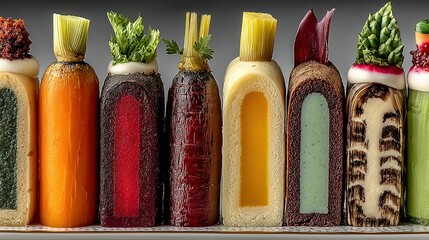Row of stylized vegetable bottles with plant tops on a neutral background.