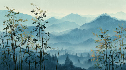 Bamboo mountain mist forest landscape tranquil nature blue serene peaceful Asian art style morning