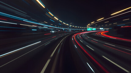 Abstract light trails on highway at night creating dynamic and futuristic scene conveying speed and technology