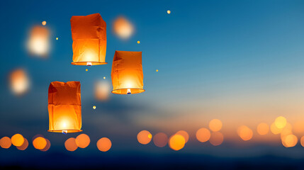 Magical night sky filled with glowing paper lanterns floating into dusk, creating a peaceful ambiance for celebrations and cultural traditions