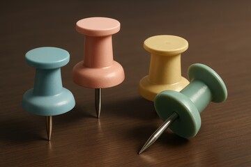Colorful Push Pins on Wooden Surface in Office or Craft Setting