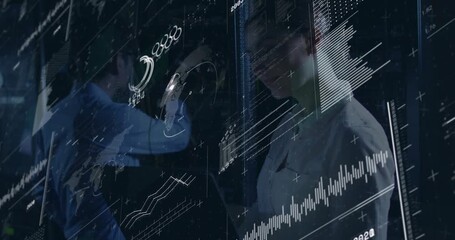 Data center techs lifting rack door showing data overlays while checking metrics for drive swap - Powered by Adobe