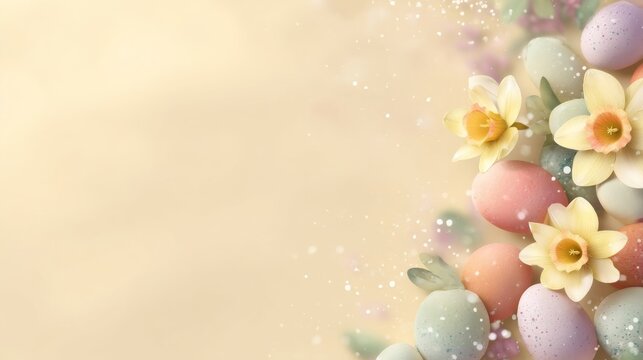 A stylish Easter themed background board with pastel colored eggs and charming daffodils arranged in the bottom right co