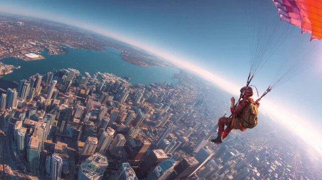 Soaring Above the Metropolis: A paraglider takes flight, offering a breathtaking panoramic view of a bustling cityscape, against the backdrop of a clear, expansive sky.