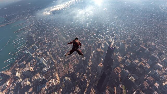 Skydiving above the City: An individual freefalls with the cityscape sprawling below, a daring spectacle that embodies freedom, adventure and the thrill of the extreme.