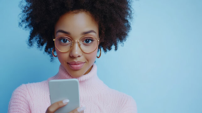 Young woman with curly hair and glasses holding smartphone, wearing pink sweater, smiling, blue background, cheerful mood