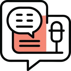Simple line art icon of chat box with microphone symbol.