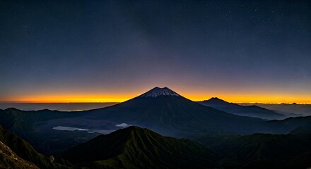 Obraz premium Stunning mountain landscape at dusk with vibrant sunset colors and starry night sky creating a breathtaking natural vista