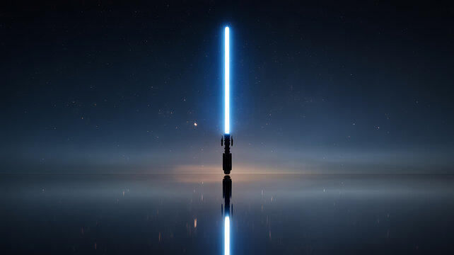 A glowing blue lightsaber stands upright on a reflective surface under a starry night sky.