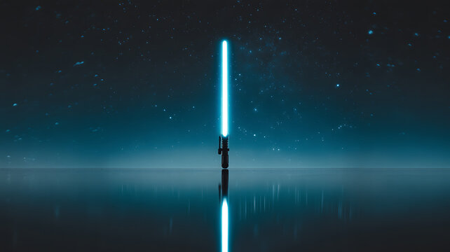 A glowing blue lightsaber stands upright on a reflective surface under a starry night sky.