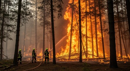 Firefighters battle wildfire in forest action scene dramatic environment nature high angle heroic effort