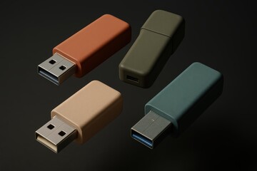 Fototapeta premium Colorful Usb Flash Drives on Black Background Modern Portable Data Storage Devices