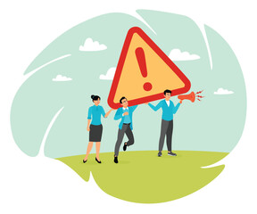Beware warning concept. Three people announced an important message.