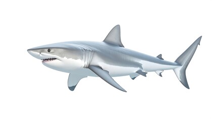 Fototapeta premium A great white shark swims, angled left, against a white background