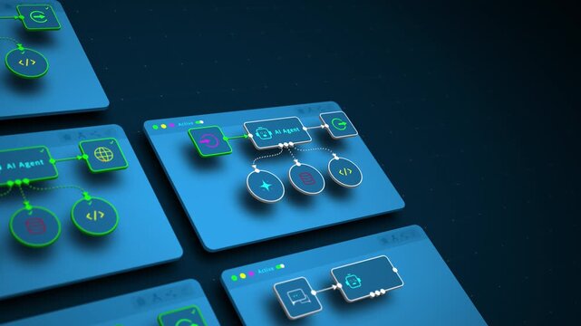AI agent automation dashboard with workflow diagram, futuristic technology interface, looped animation