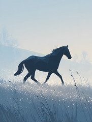 A majestic silhouette of a horse galloping gracefully through a dew-kissed meadow bathed in the soft, ethereal light of early dawn, capturing the serene beauty and untamed spirit of nature's grandeur